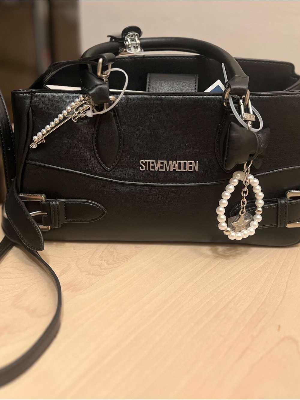 Steve Madden Black Faux-Leather Satchel with Pearl Charm